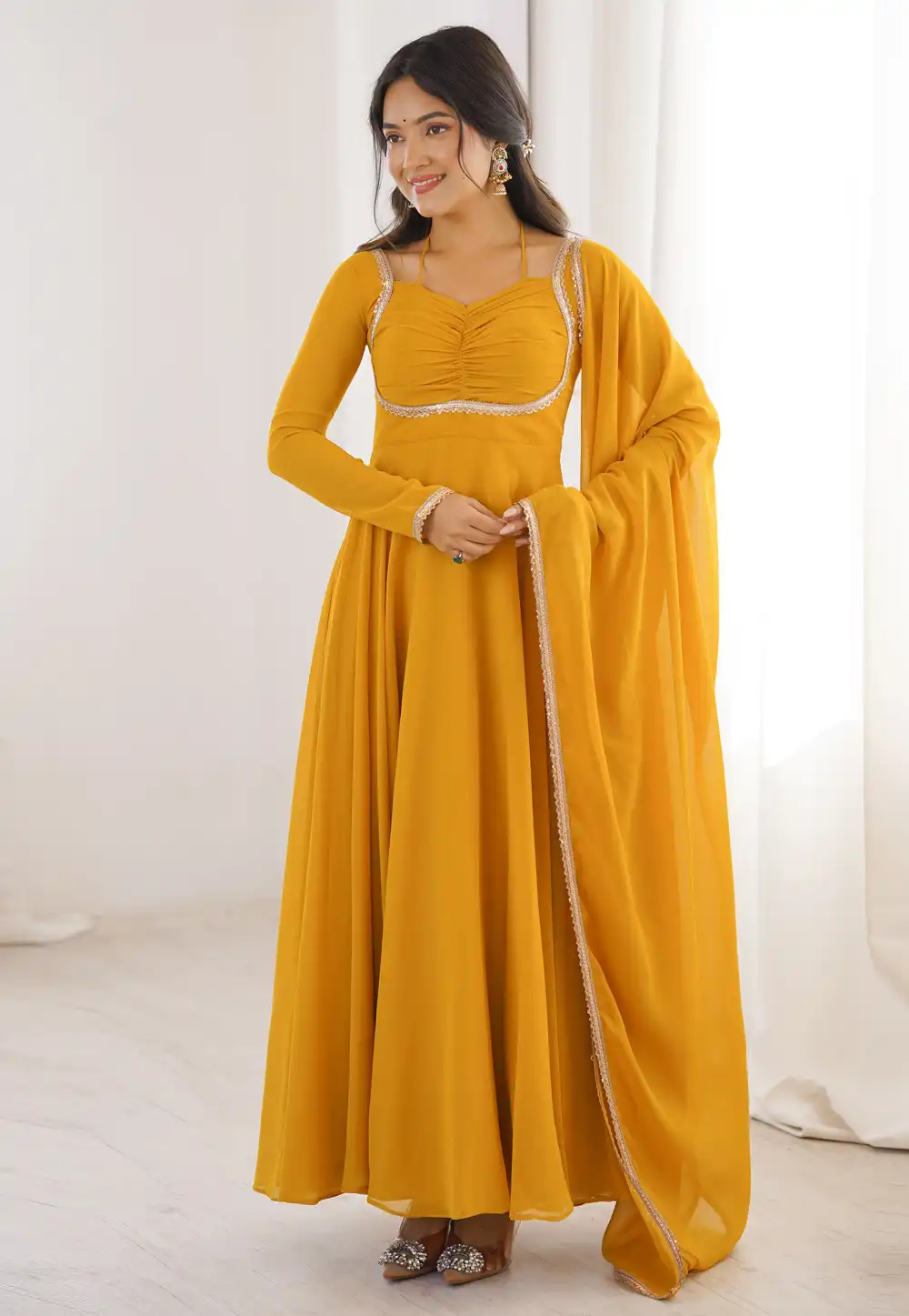 Yellow Faux Georgette Readymade Anarkali Suit 324739