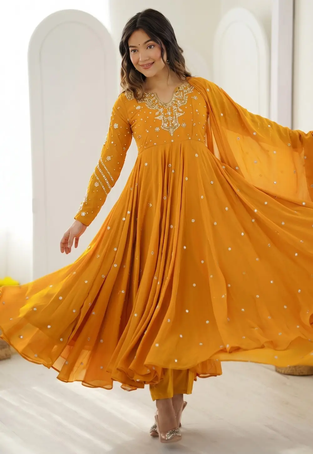 Yellow Faux Georgette Readymade Anarkali Suit 333981