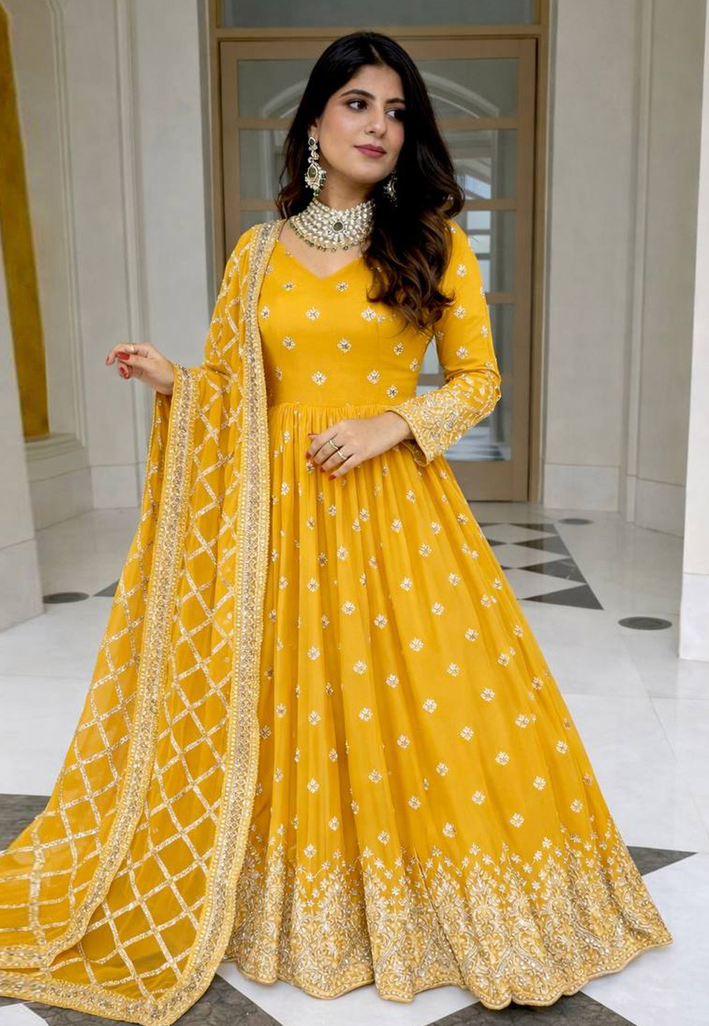 Yellow Faux Georgette Readymade Anarkali Suit 324210