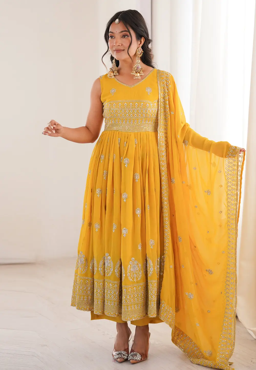 Yellow Faux Georgette Readymade Anarkali Suit 334877
