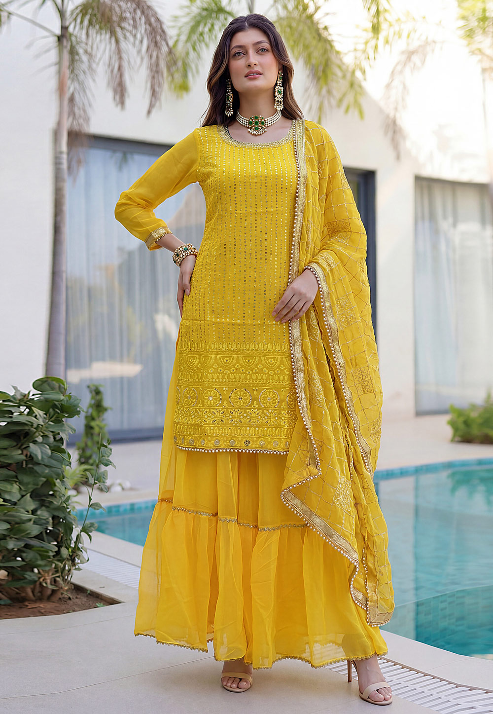 Yellow Faux Georgette Readymade Gharara Suit 327996