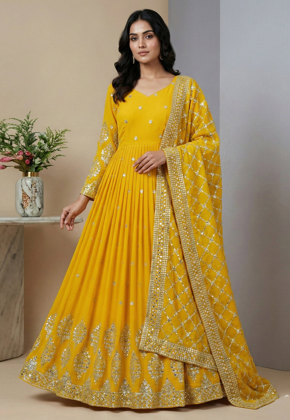 Yellow Faux Georgette Readymade Long Anarkali Suit 324007