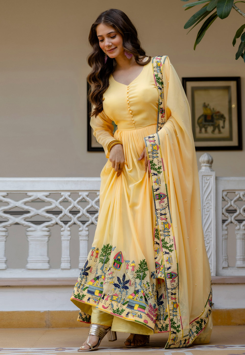 Yellow Faux Georgette Readymade Long Anarkali Suit 324885