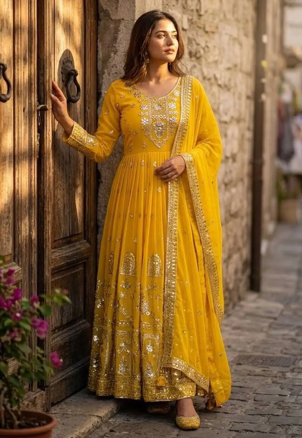 Yellow Faux Georgette Readymade Long Anarkali Suit 333004