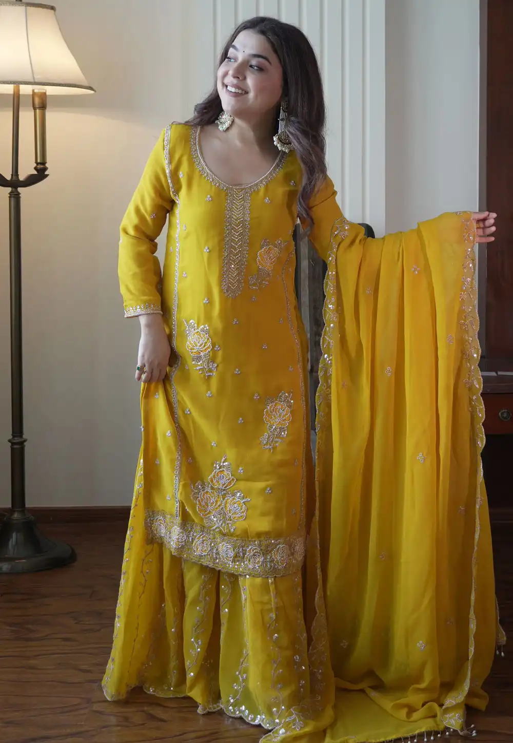 Yellow Faux Georgette Readymade Palazzo Suit 329999