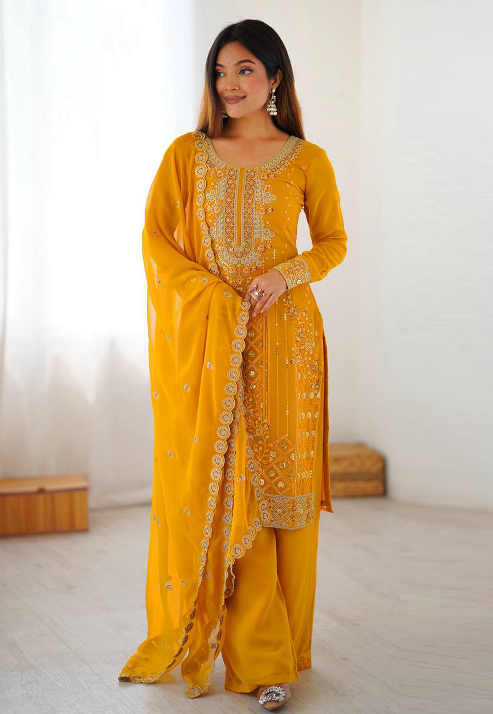 Yellow Faux Georgette Readymade Palazzo Suit 322214