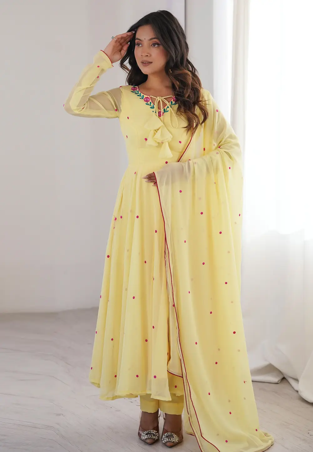 Yellow Faux Georgette Readymade Pant Style Suit 333731