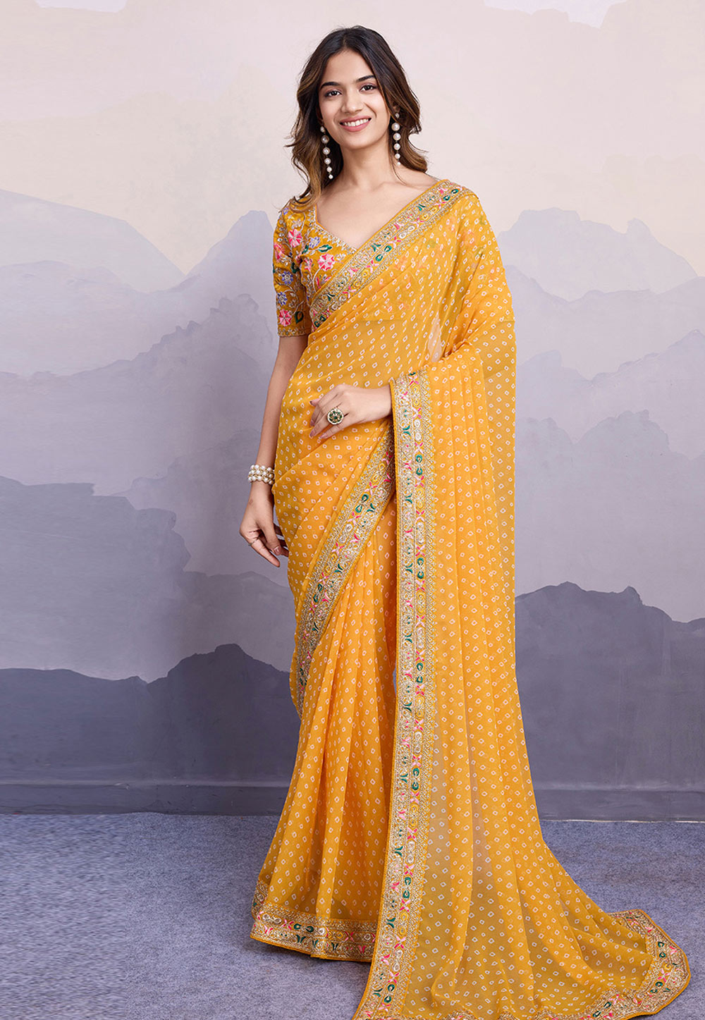 Yellow Georgette Bandhani Print Saree 312686