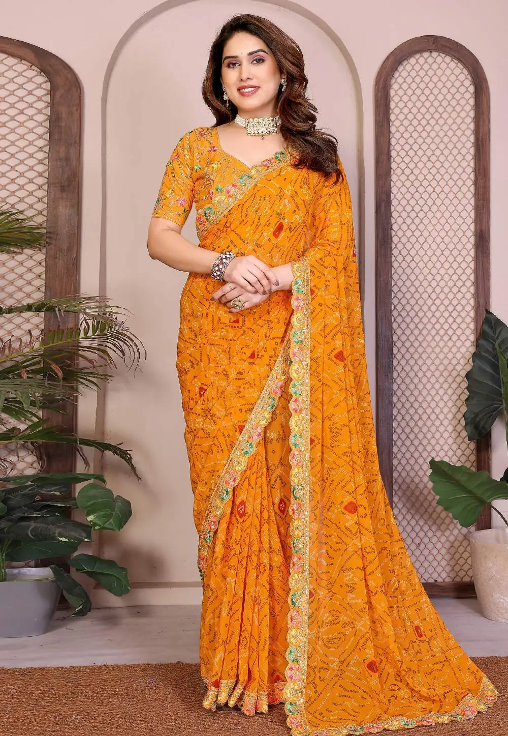 Yellow Georgette Bandhani Print Saree 332221