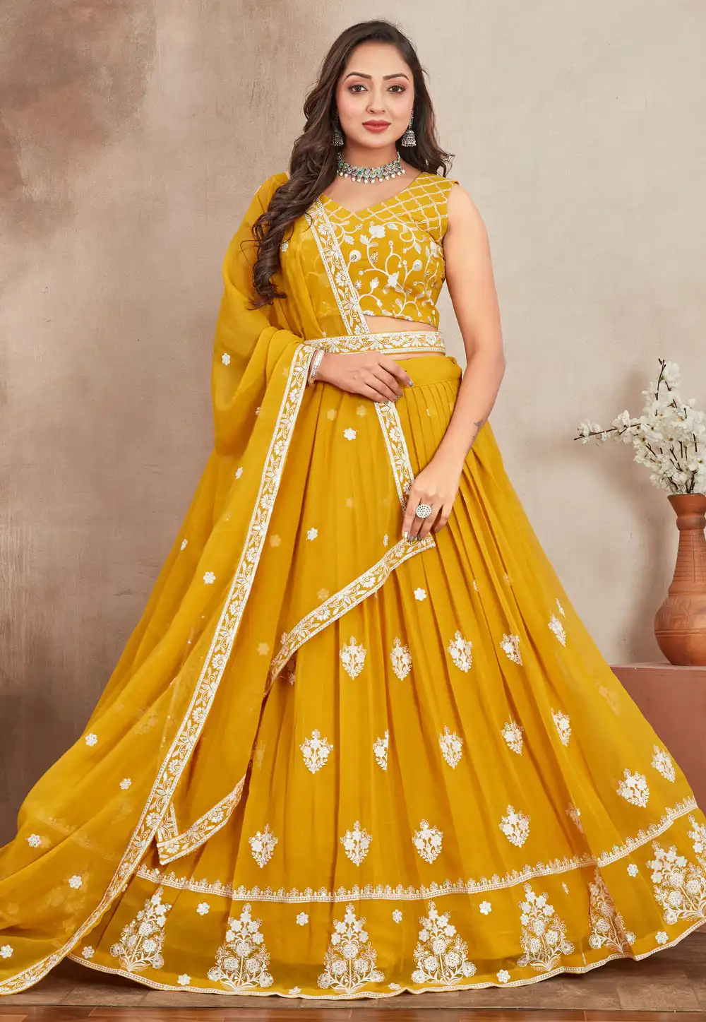 Yellow Georgette Circular Lehenga Choli 327716