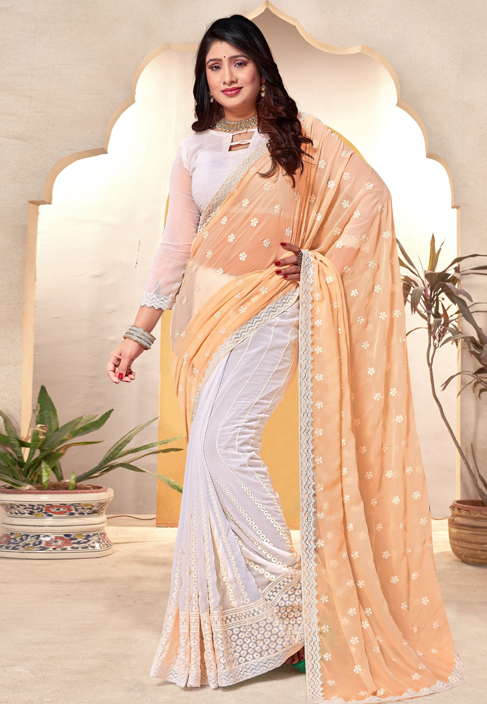 Peach Georgette Half N Half Saree 287200