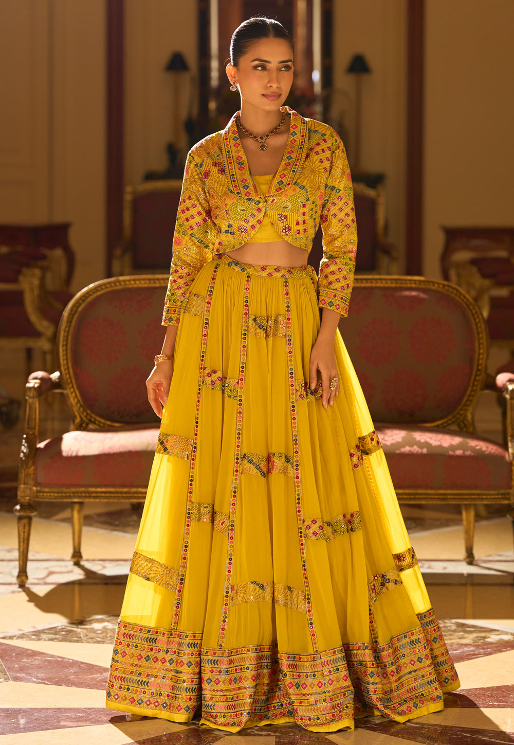 Yellow Georgette Indo Western Lehenga Choli 319608
