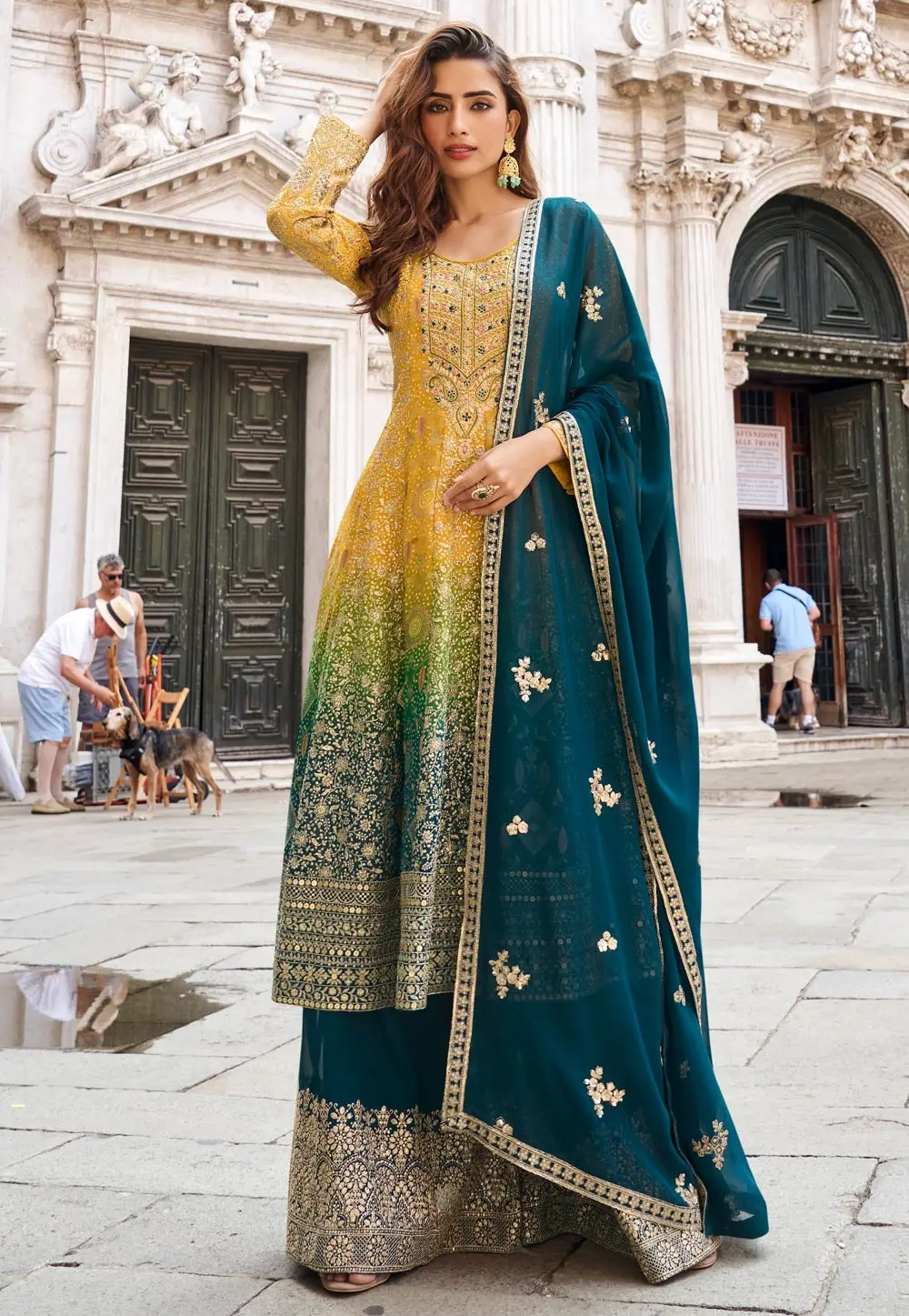 Yellow Georgette Jacquard Anarkali Suit 333793