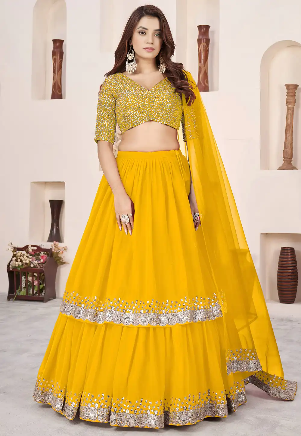 Yellow Georgette Layered Lehenga Choli 323090