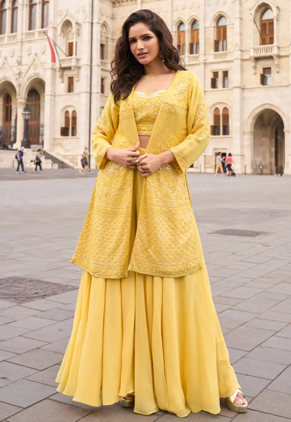 Yellow Georgette Palazzo With Crop Top 315883