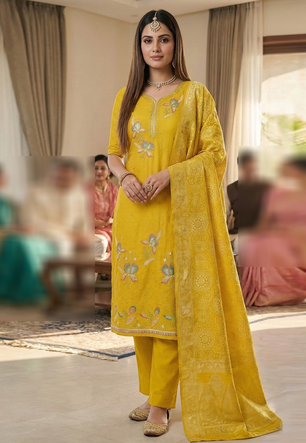 Yellow Georgette Pant Style Suit 326481