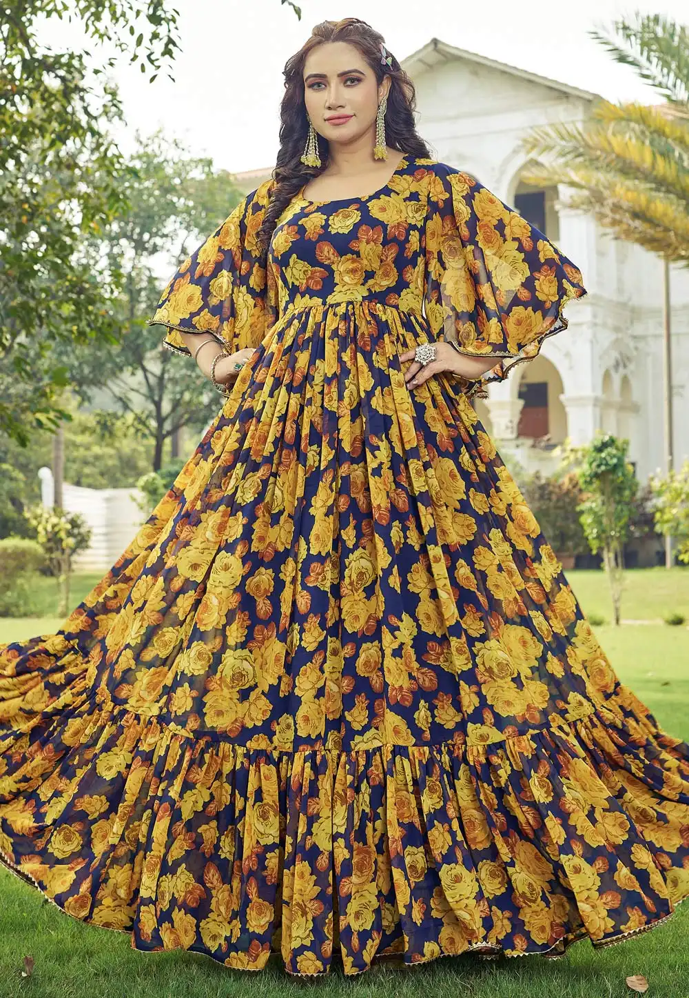 Yellow Georgette Printed Gown 330571