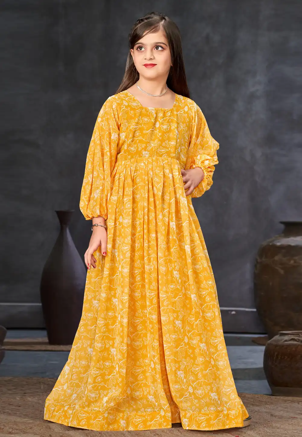 Yellow Georgette Readymade Kids Gown 283865