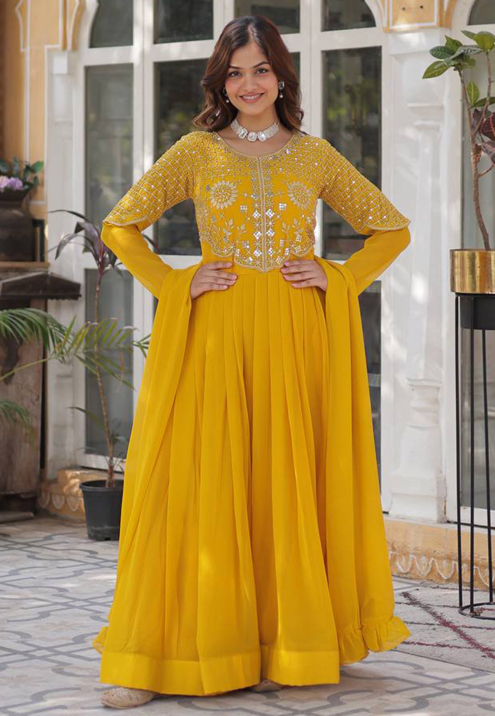 Yellow Georgette Readymade Long Anarkali Suit 307895