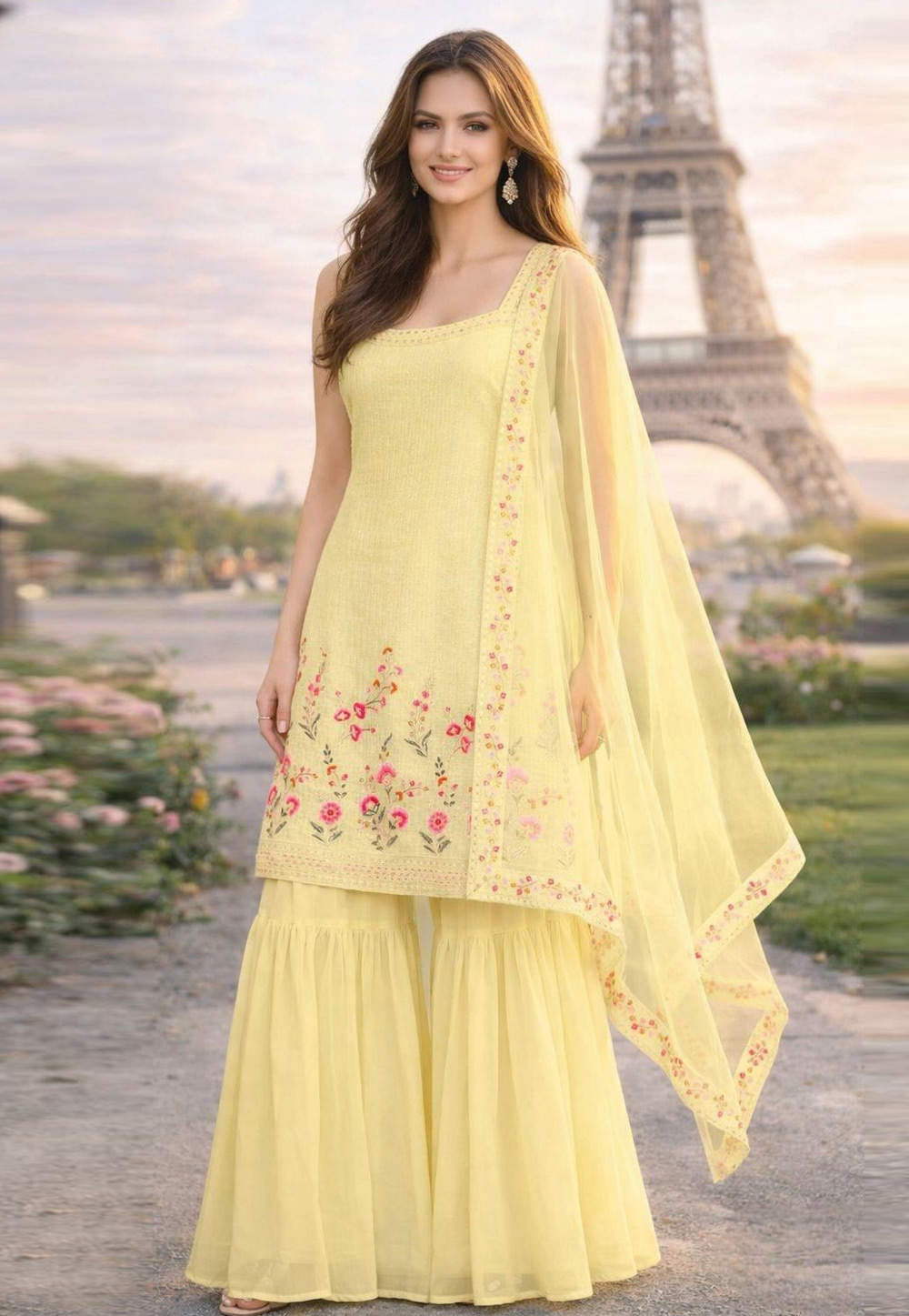 Yellow Georgette Readymade Sharara Suit 327311