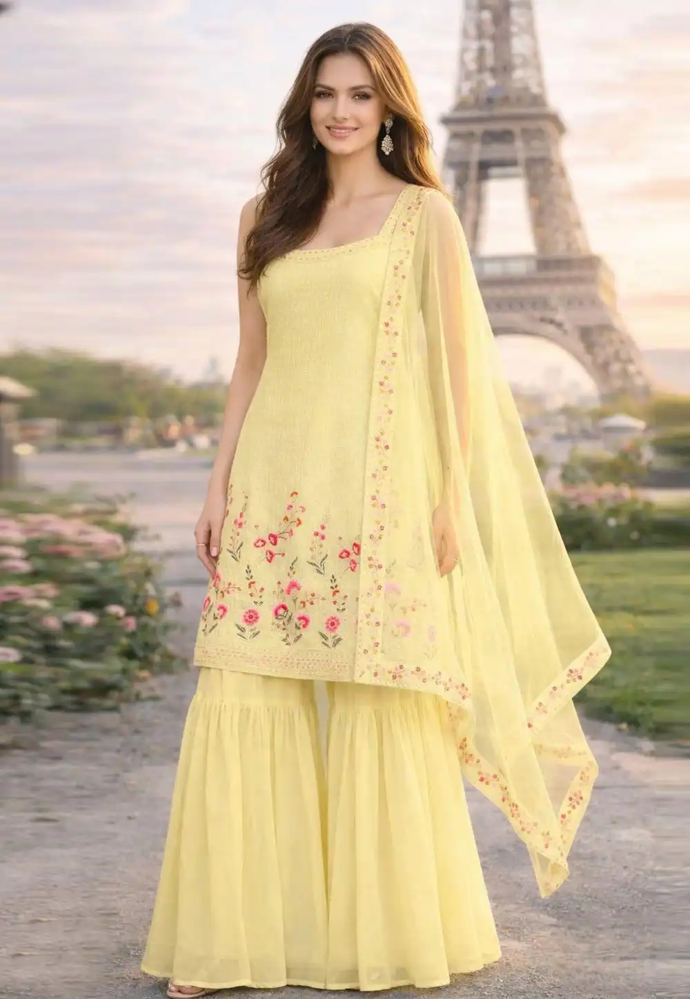 Yellow Georgette Readymade Sharara Suit 327311