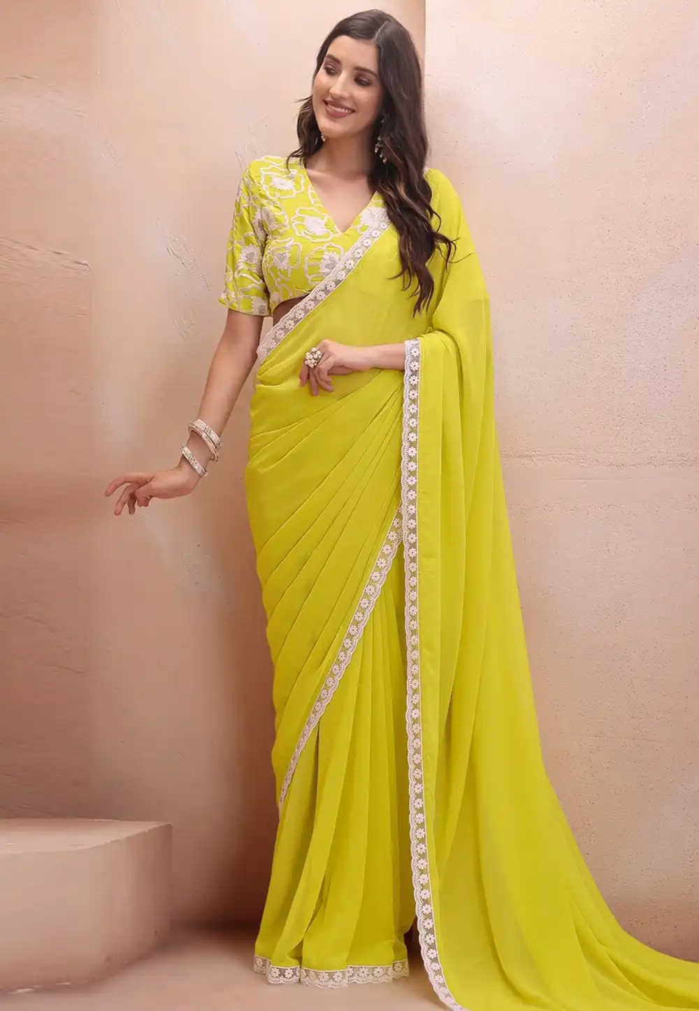 Yellow Georgette Saree With Blouse 328150
