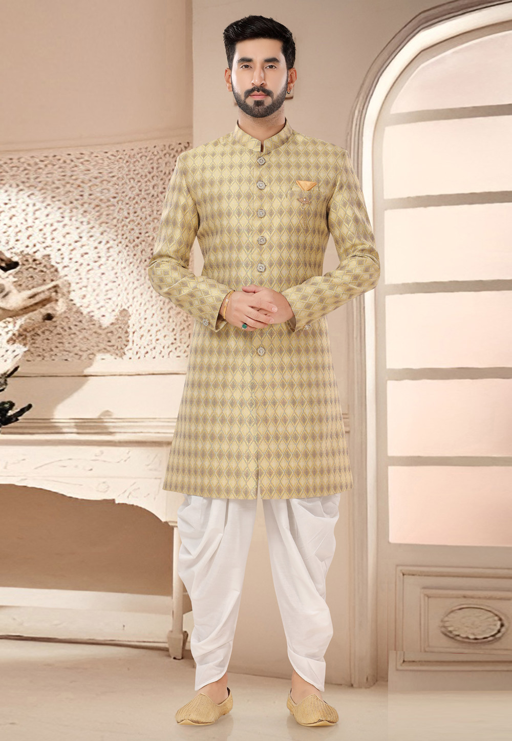 Yellow Jacquard Dhoti Sherwani 285752