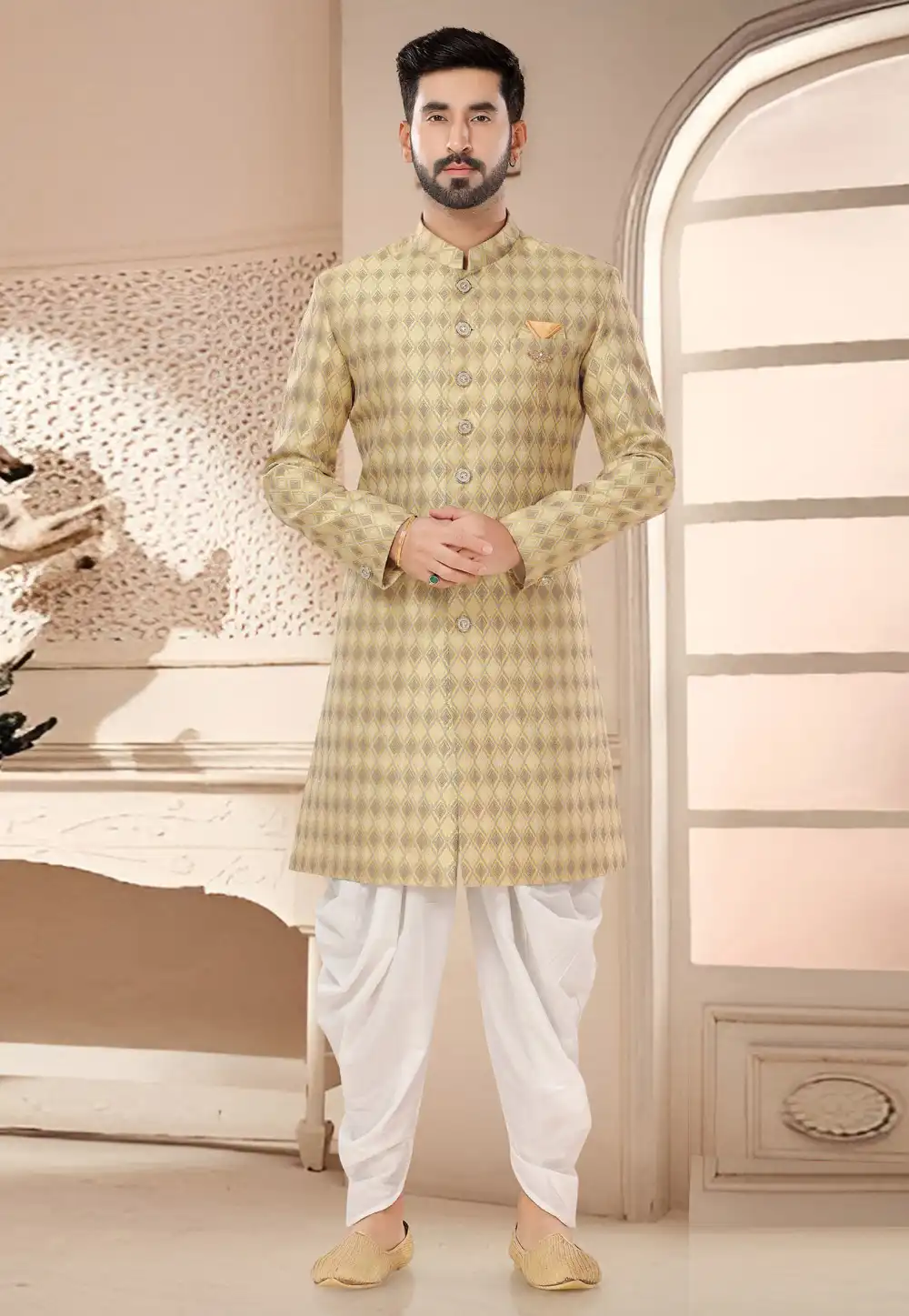 Yellow Jacquard Dhoti Sherwani 285752