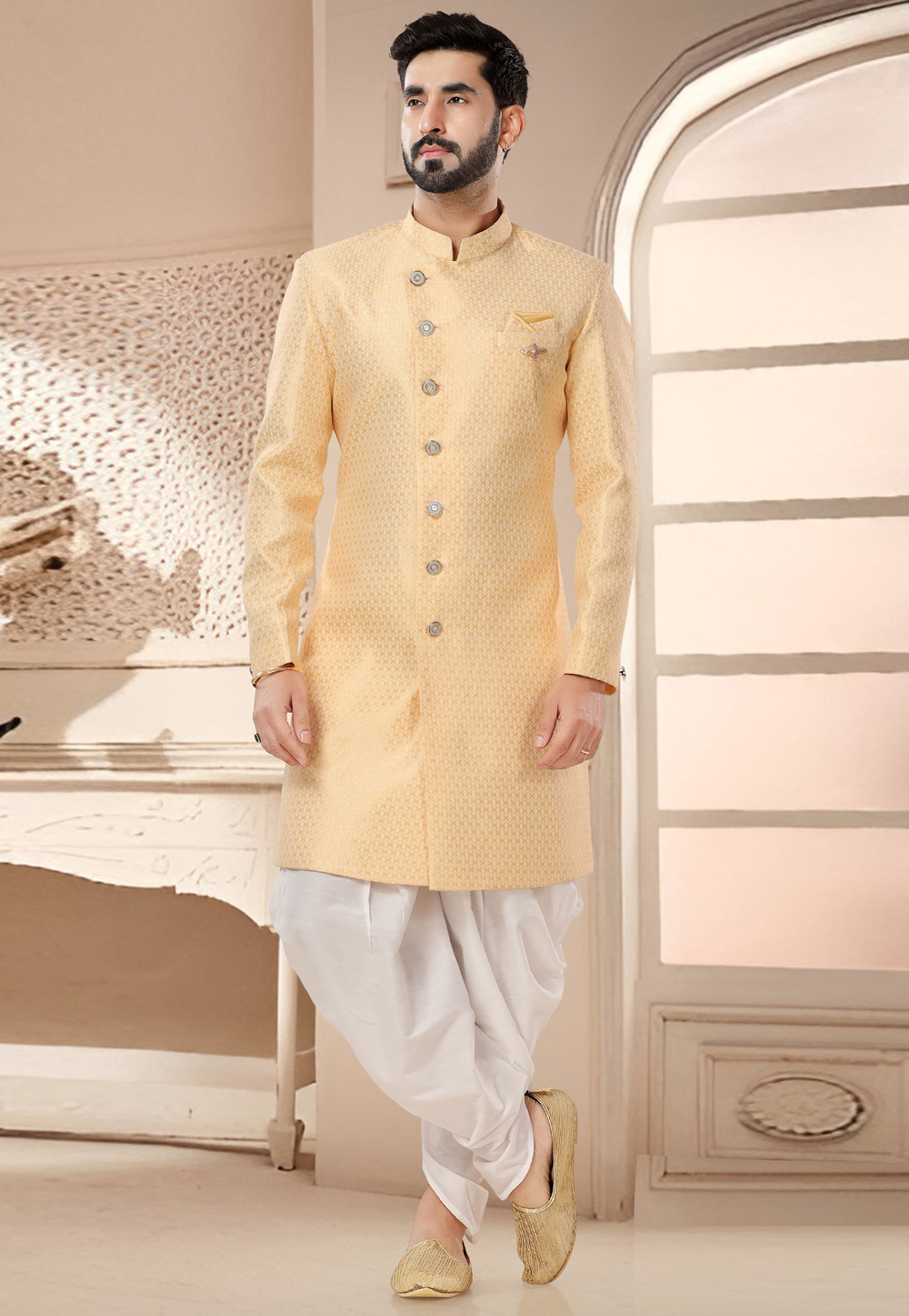 Yellow Jacquard Dhoti Sherwani 285767