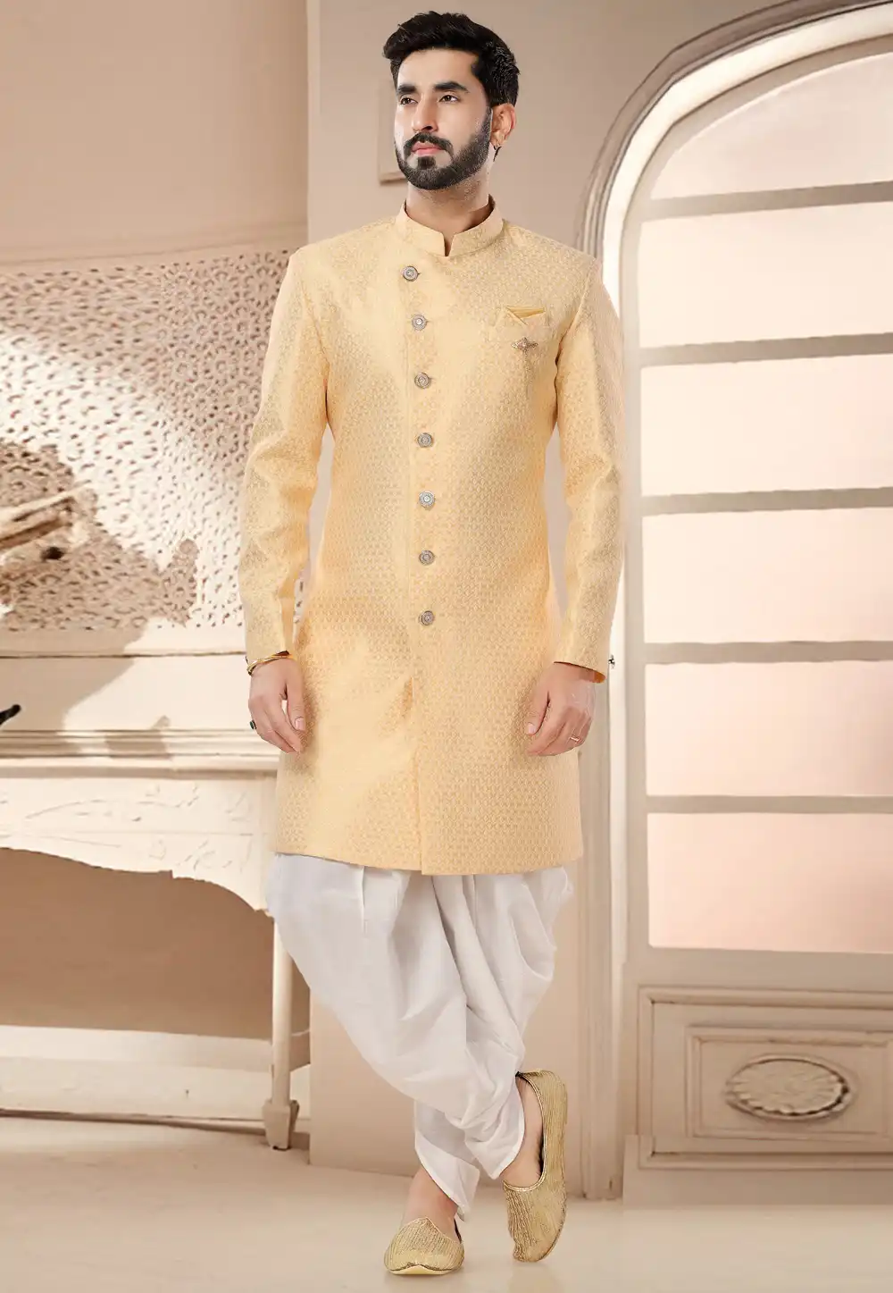 Yellow Jacquard Dhoti Sherwani 285767