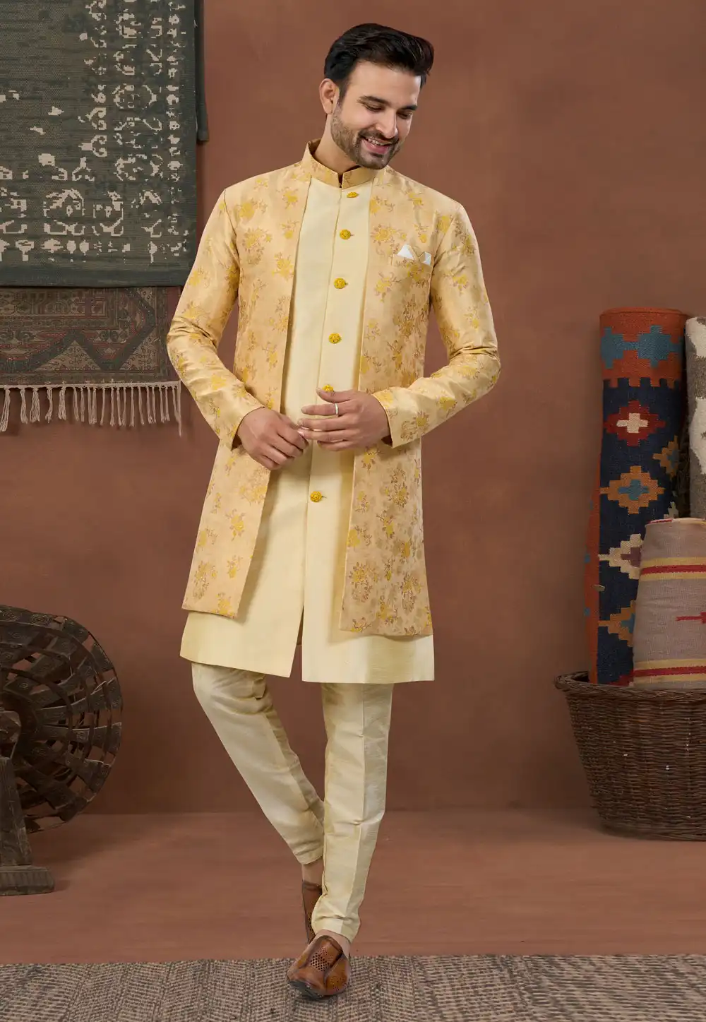 Yellow Jacquard Indo Western Suit 324628