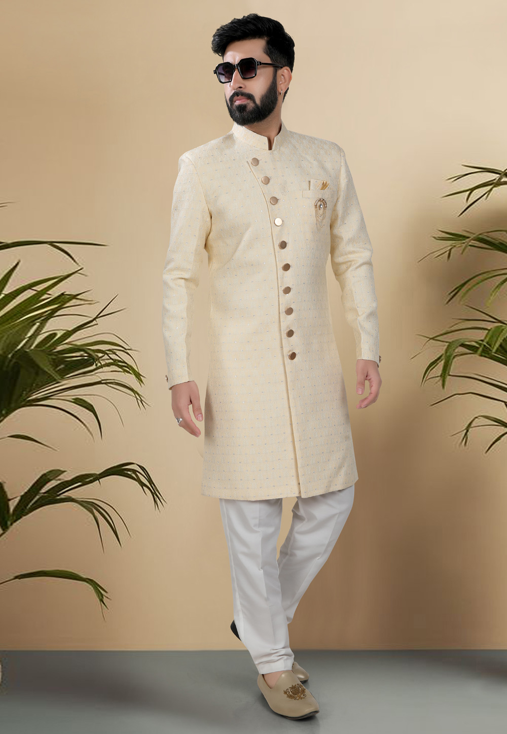 Yellow Jacquard Indo Western Suit 313081