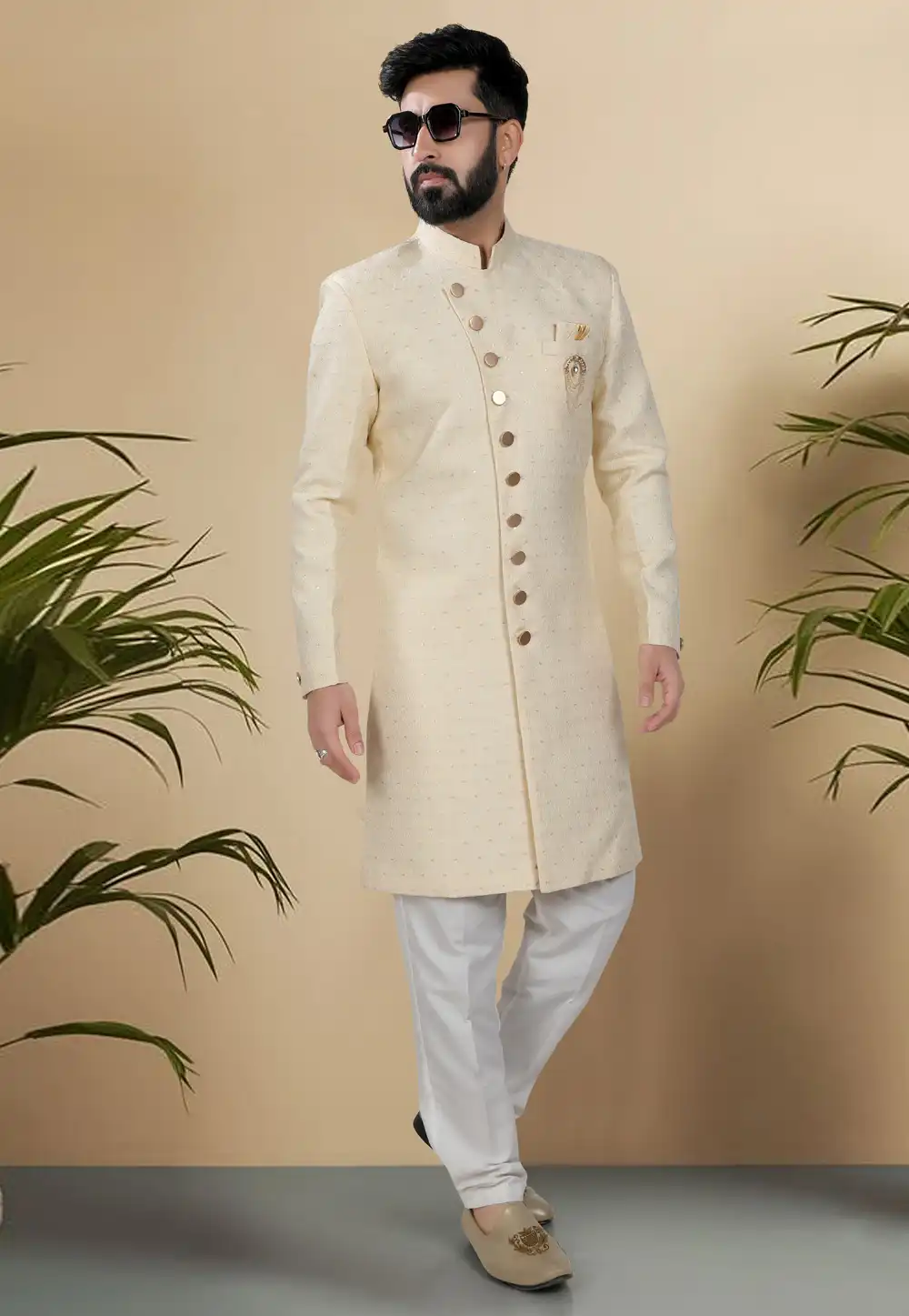 Yellow Jacquard Indo Western Suit 313081