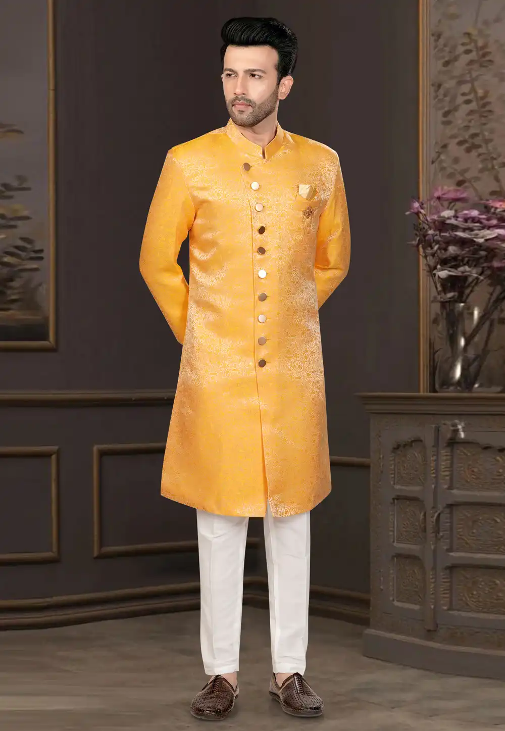 Yellow Jacquard Indo Western Suit 316093