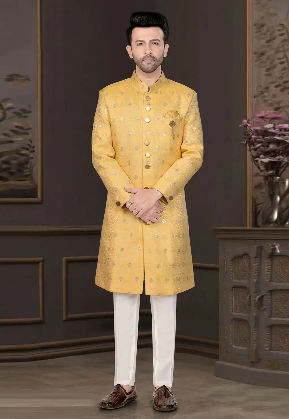 Yellow Jacquard Indo Western Suit 316108