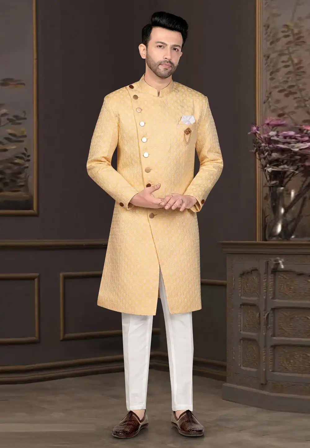 Yellow Jacquard Indo Western Suit 316118