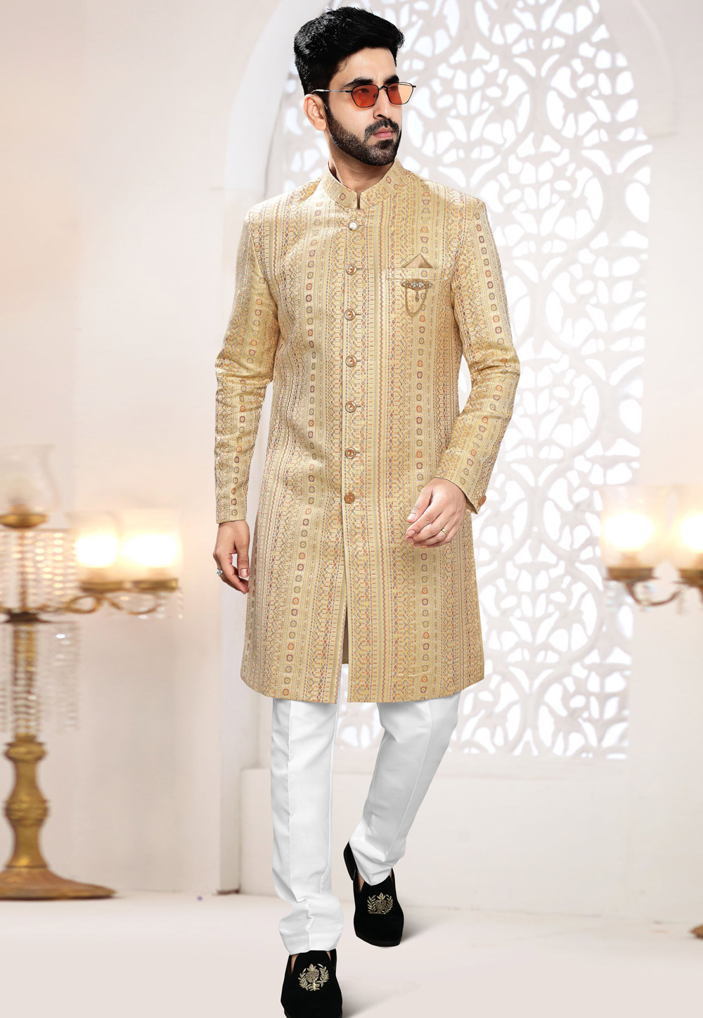 Yellow Jacquard Indo Western Suit 306453