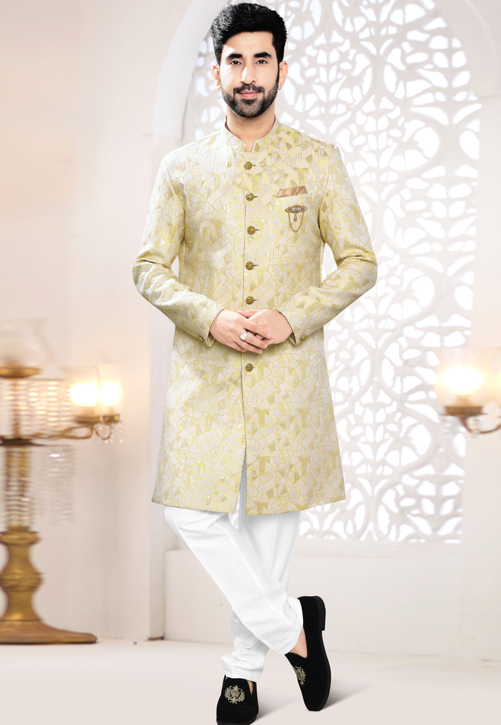 Yellow Jacquard Indo Western Suit 306460