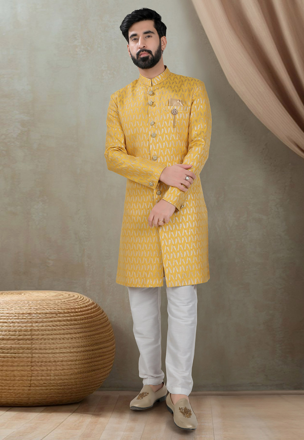 Yellow Jacquard Indo Western Suit 311760