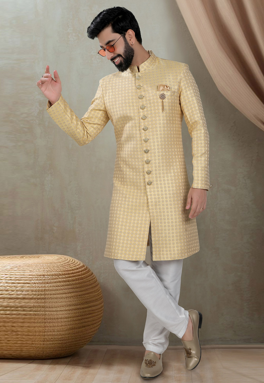 Yellow Jacquard Indo Western Suit 311762