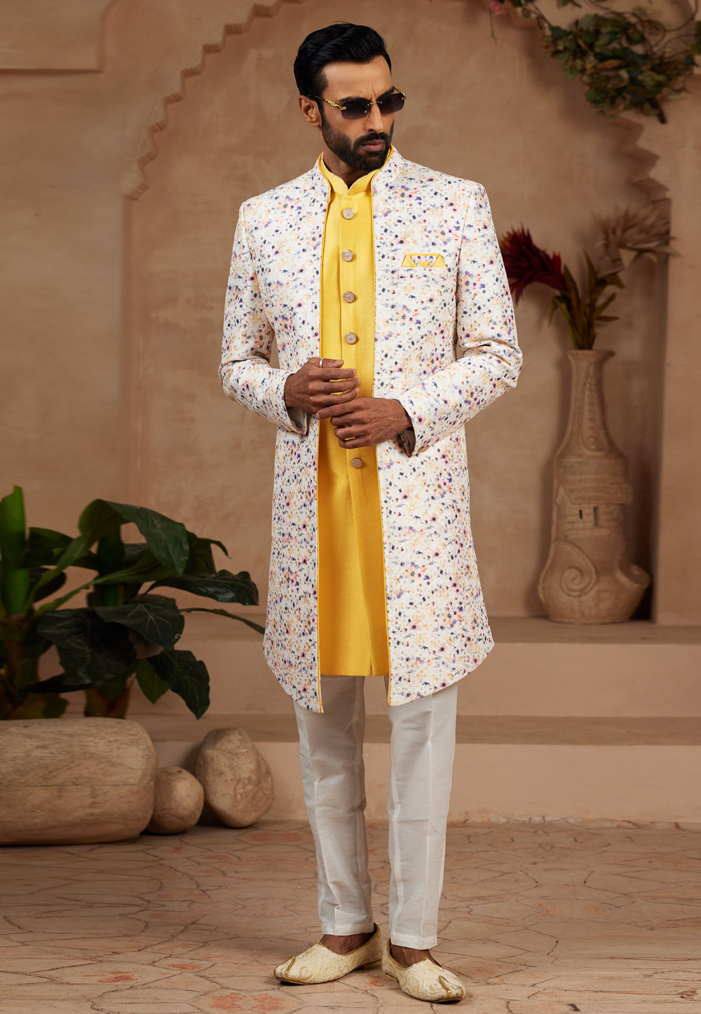 Yellow Jacquard Jacket Style Sherwani 306721