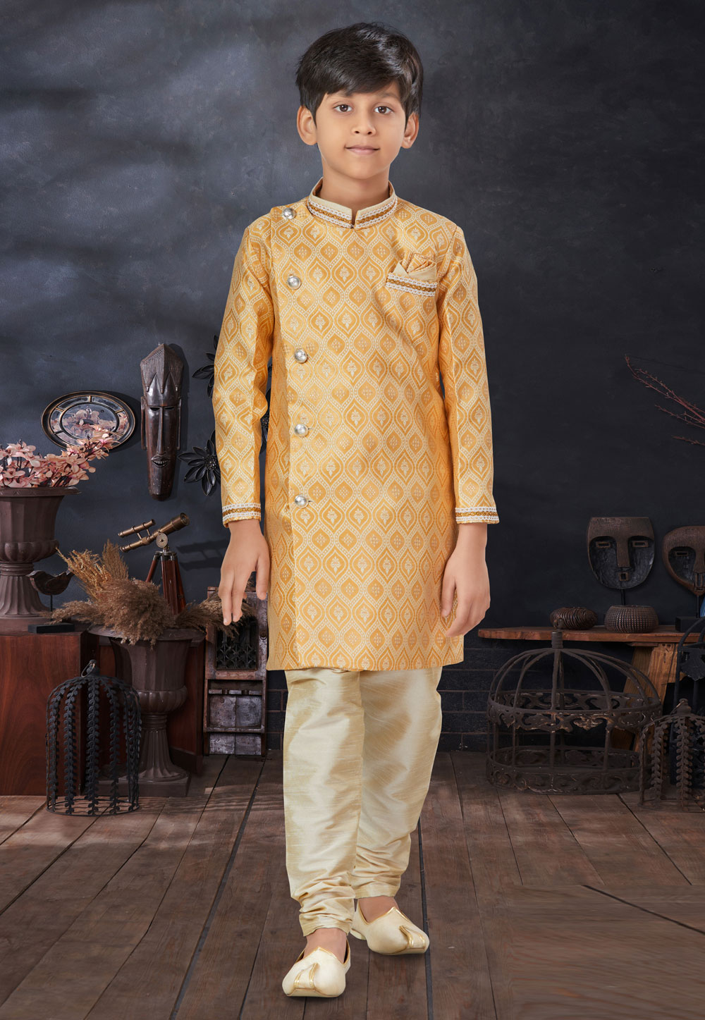 Yellow Jacquard Kids Indo Western Sherwani 279104