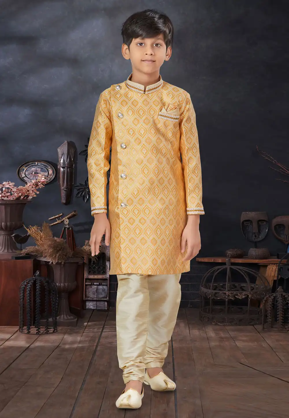 Yellow Jacquard Kids Indo Western Sherwani 279104