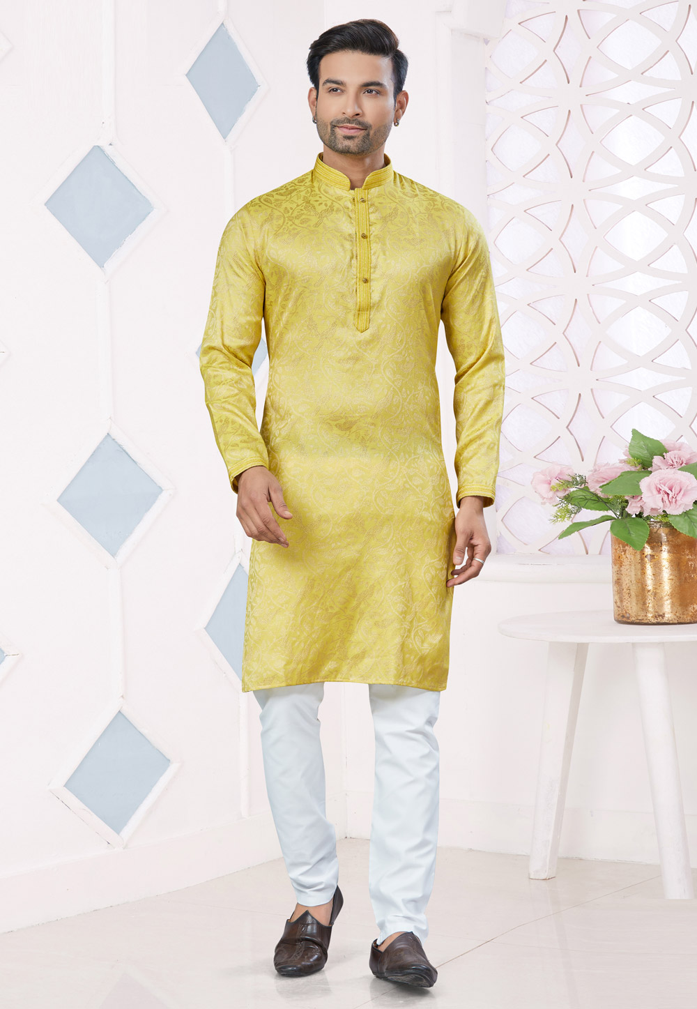 Yellow Jacquard Kurta Pajama 306679