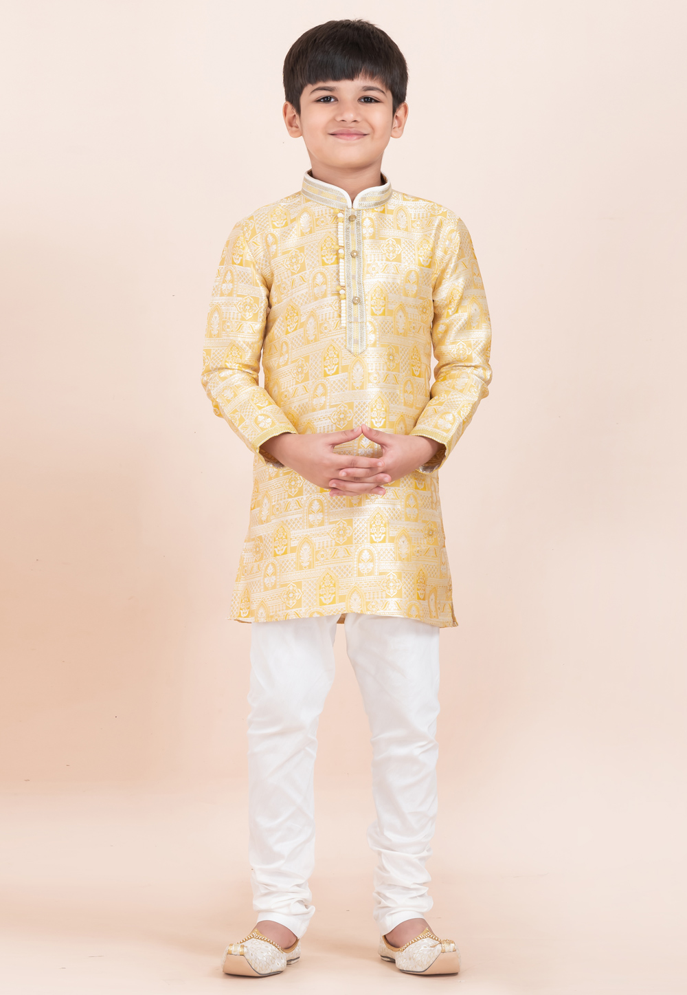 Yellow Jacquard Silk Kids Kurta Pajama 305356