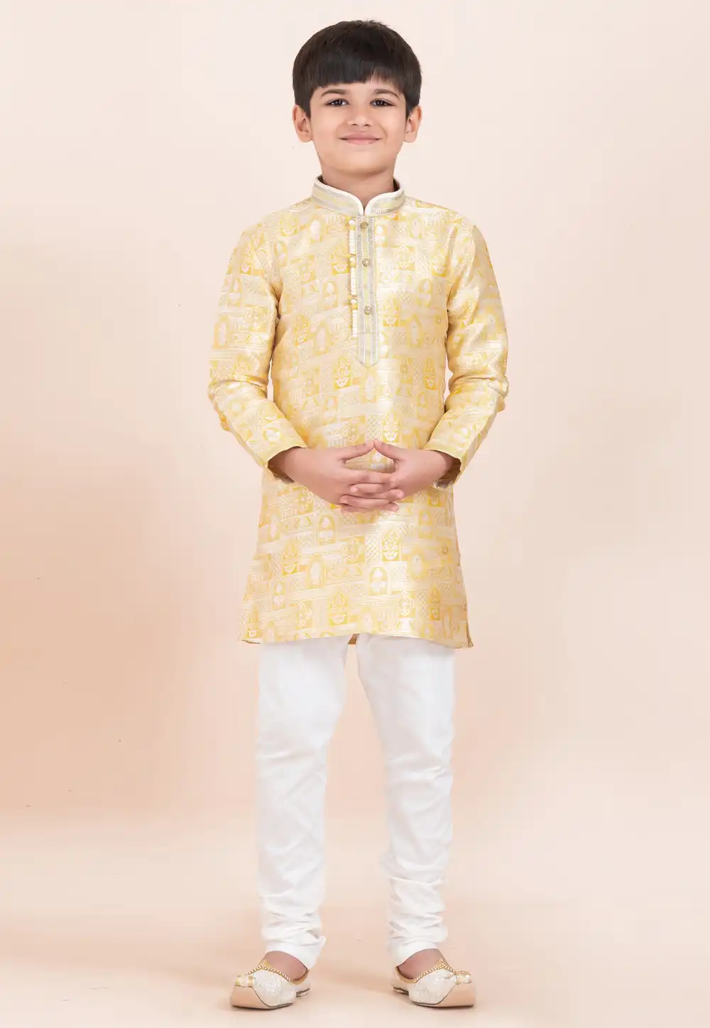 Yellow Jacquard Silk Kids Kurta Pajama 305356