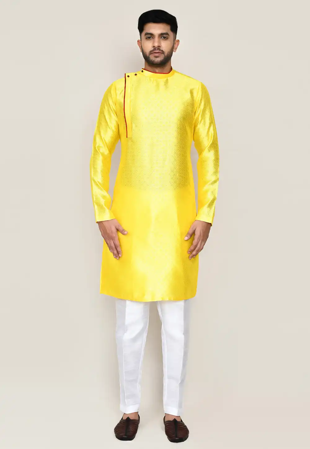 Yellow Jacquard Silk Kurta Pajama 306072