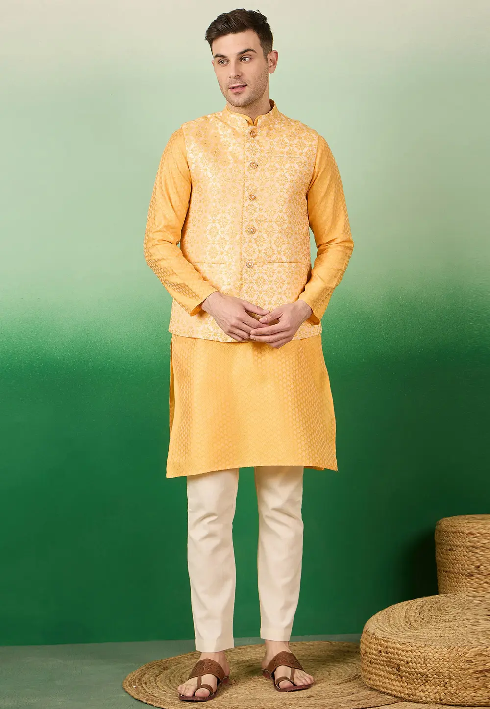 Yellow Jacquard Silk Kurta Pajama With Jacket 331556
