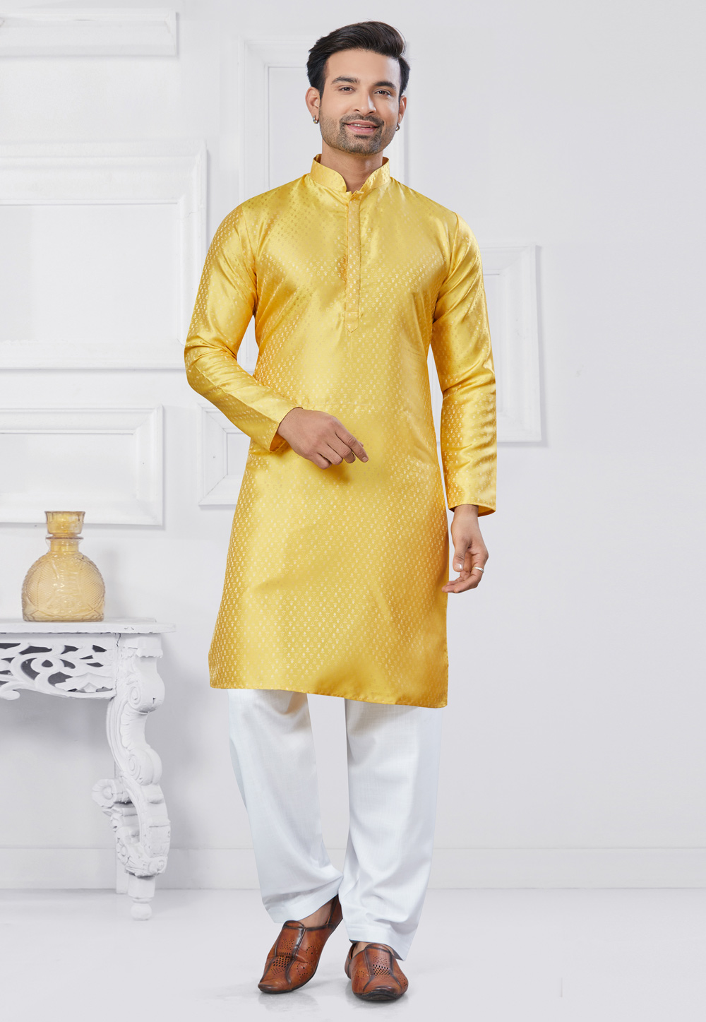 Yellow Jacquard Silk Pathani Suit 307347
