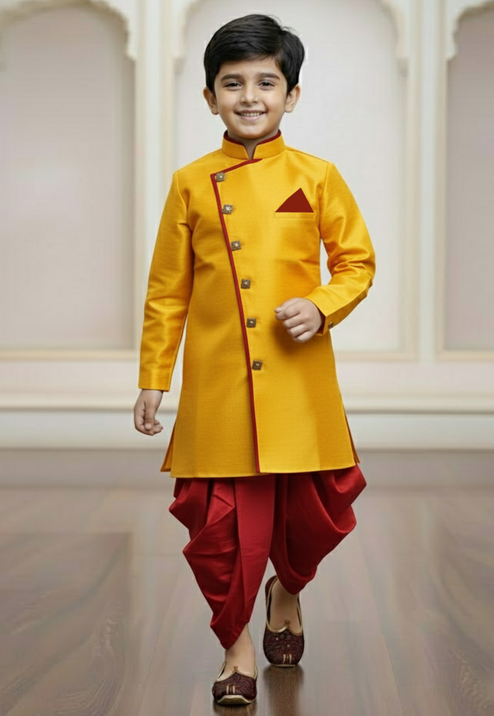 Yellow Jute Silk Kids Indo Western Suit 319639